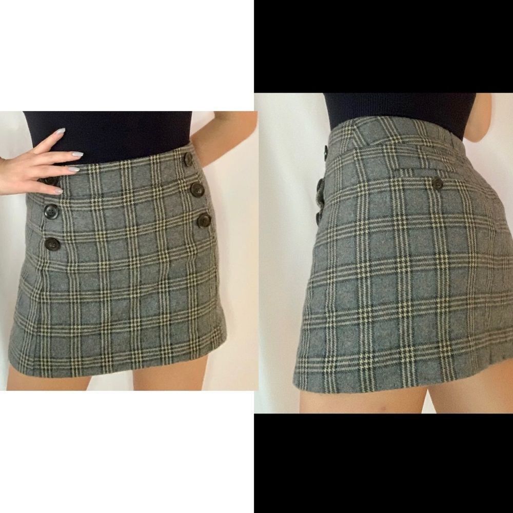 GAP gray brown wool plaid check button detail miniskirt Sz 8